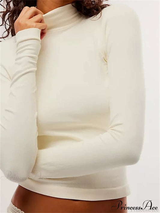 Long Sleeve High Neck Backless Slim Fit Solid Color T-Shirts B / S