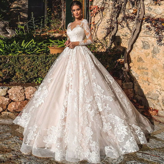 Long Sleeve Lace Ball Gown Wedding Dress lvory white / 2 weddingdress-250223