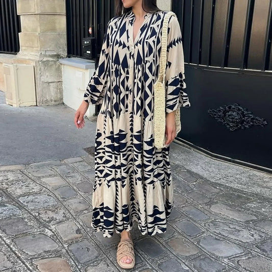 Long Sleeve Pleated Boho Dress bohodress-250126