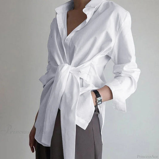 Long Sleeve Ruched Lace-up White Blouse blouse-250126