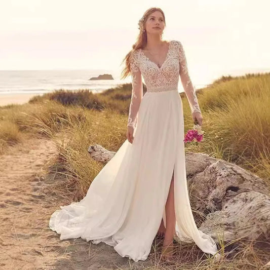 Long Sleeve Sheer Tulle Bridal Wedding Dress white / 2 weddingdress-250223