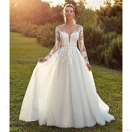 Long Sleeve Sheer Tulle Bridal Wedding Dress white / 2 weddingdress-250223