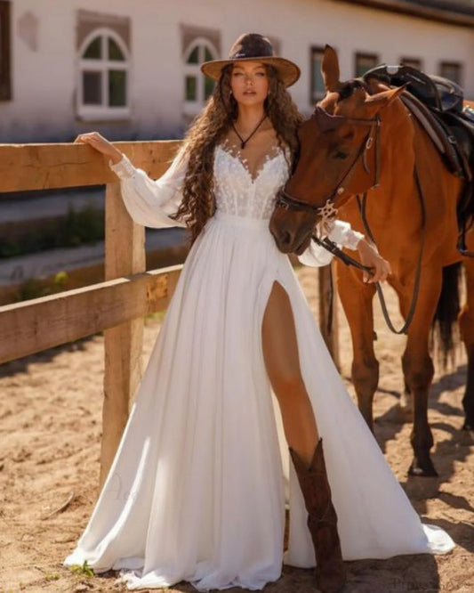 Long Sleeve V-Neck Lace Wedding Dress lvory white / 2 weddingdress-250223