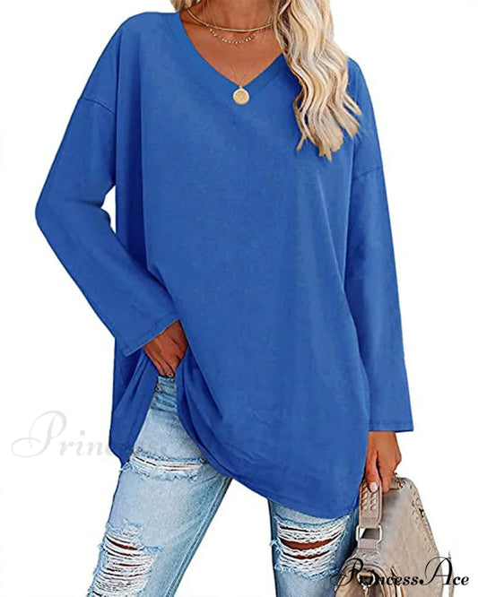 Plain v-neck long-sleeved women's t-shirt Royal Blue 2022 F/W 23BF clothes Short Sleeve Tops Spring T-shirts Tops/Blouses