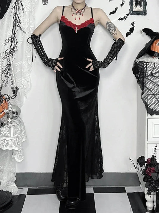 Long Strap Lace Patchwork Maxi Dress Black / S