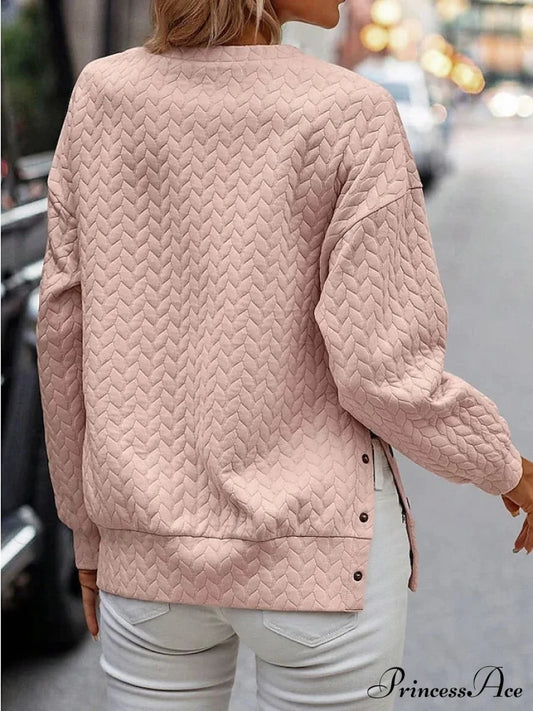 Long Women’s Arm Round Color Solid Sweatshirt Pink Casual Neck Pullover Top