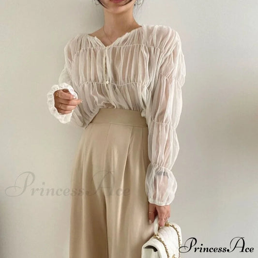 Loose Blouse Blusas Long Women Arm Perspective Tops Chiffon Folds Fashion Korean Casual Folded