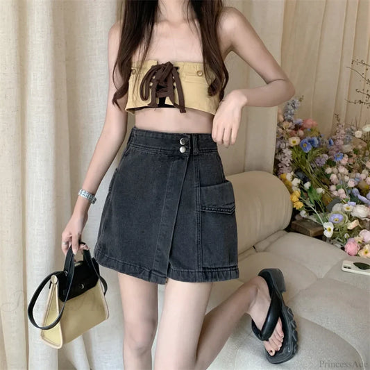 Loose Denim Pants Style Skirt Grey / S