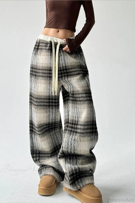 Loose Fit Woolen Plaid Wide Leg Pants Grey / S