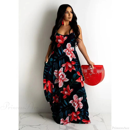 Loose Floral Print Slip Dress Long Skirt Floral Dress honghua-lancao / S floraldress-250126