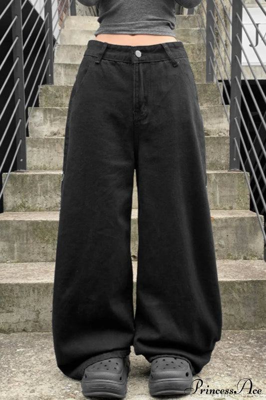 Loose Straight Leg Embroidered Low Waist Jeans Black / S