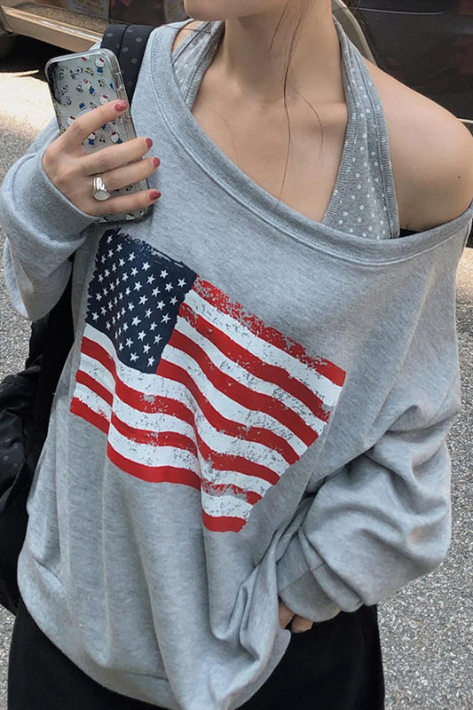 Loose Striped Print Halter Off Shoulder Fake Two Piece Sweatshirt