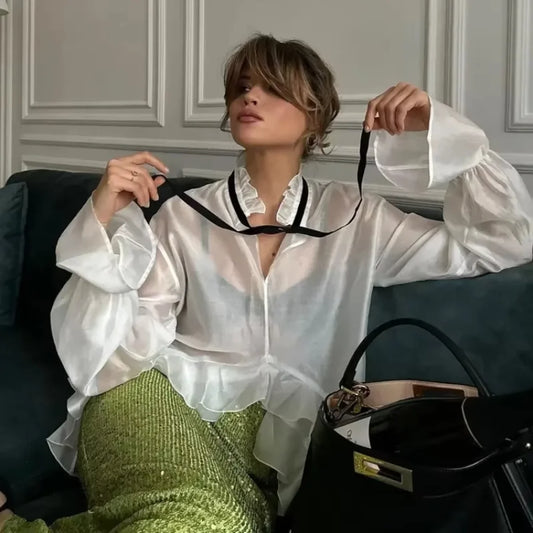 Loose White Ruffled Blouse blouse-250223