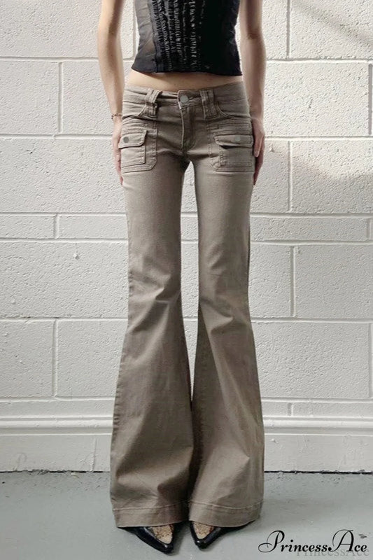Low Waisted Slim Cargo Flared Leg Jeans Khaki / S