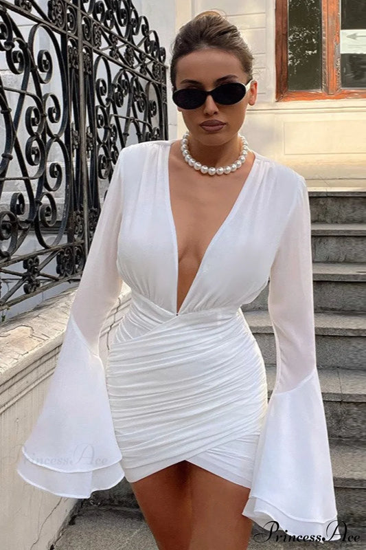 Luxury Bell Sleeve V-Neck Bodycon Party Dress White / S