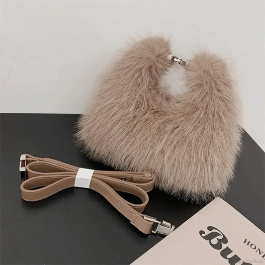 Luxury Faux Fur Plush Evening Clutch Crossbody Handbag Brown handbag-250126