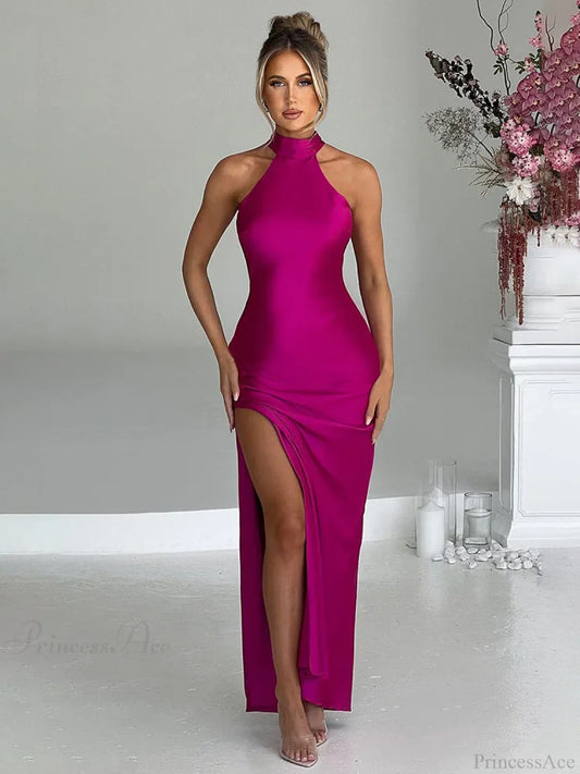 Maxi Long Vacation Dress Women Halter Rose Pink / S vacationdress-250223