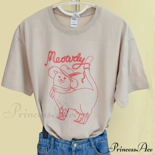 Meowdy Cat Stylish Graphic Tee Letter Print Cotton Tees