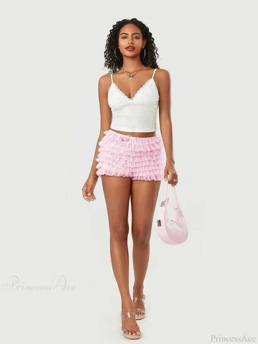 Mesh Bowknot Tiered Ruffle Short short-250223