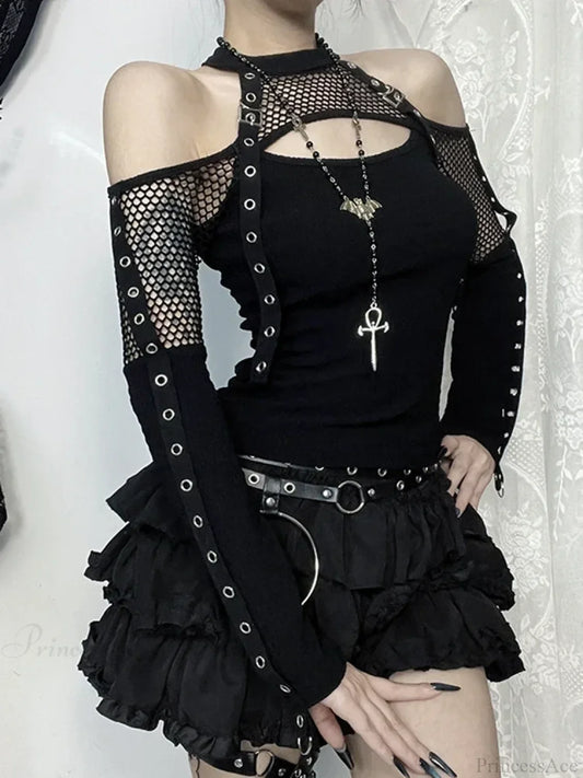 Mesh Hollow Sleeve Knit Top Black / S