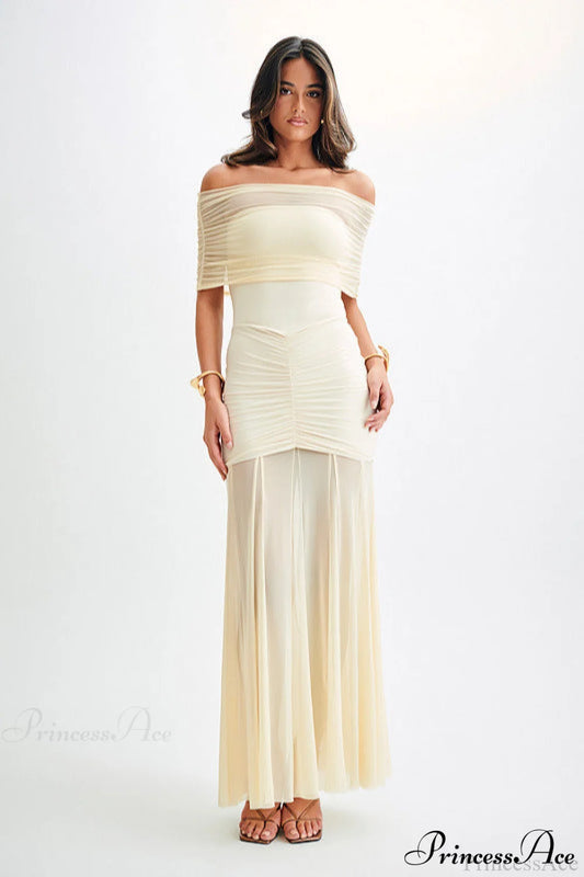 Mesh Panel Strapless Elegant Bodycon Party Dress Off-White / XS