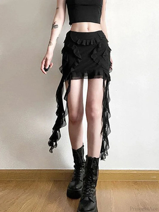 Mesh Patchwork Ruffled Mini Skirt