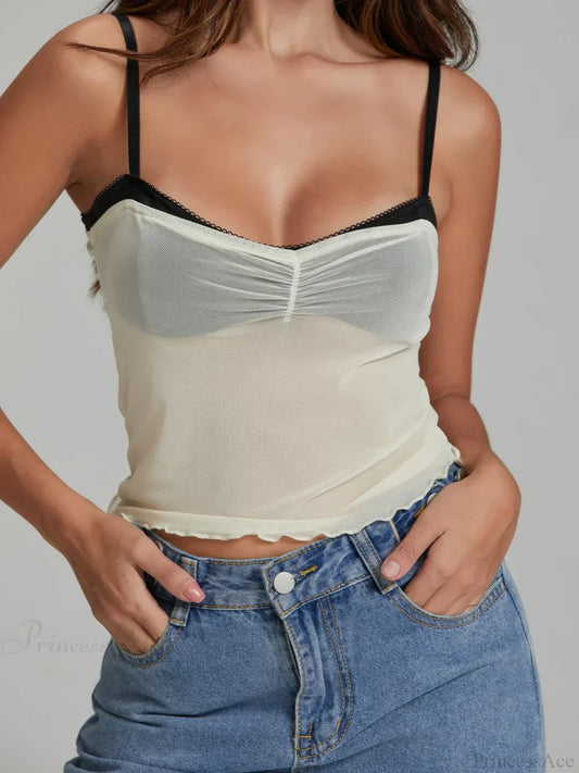 Mesh Ruched Color Patch Spaghetti Strap Crop Top croptop-250126