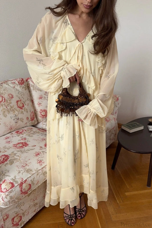 Mesh V Neck Ruffled Fitted Maxi Dress