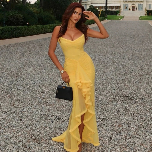 Mingmingxi IrRegular Ruffle Vacation Dress Yellow / XS vacationdress-250223