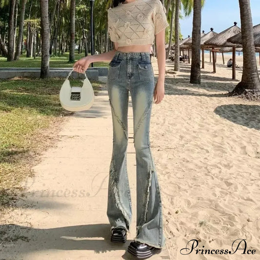 Minimalist Literary Versatile Japanese Dark Micro Flared High Waisted Fashion Jean