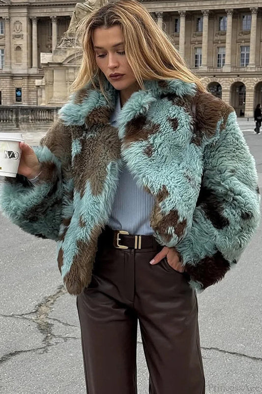 Mixed Color Printed Long Sleeve Cropped Faux Fur Coat Green / S