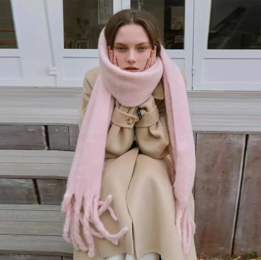 Mohair Winter Scarf - Solid Color Thickened Wool Fringed Color Pink Scarfs-L