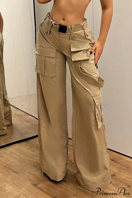 Multi-Pocket Mid-Rise Straight-Leg Cargo Pants Khaki / XS