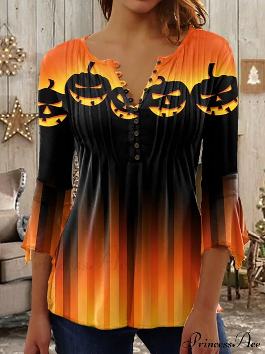 Neck Long Halloween Round Casual Orange Painting Blouse Button Pumpkin Flowered Design Arm Basic