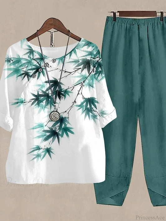 Neck Pants Round - Blue Army Design Green Blouse Flowered Sets Women’s S-2Xl / S