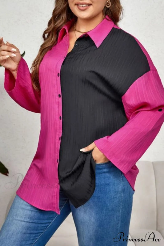 Neckline Contrast Patchwork Plus Blouse Size Tops Size/Plus