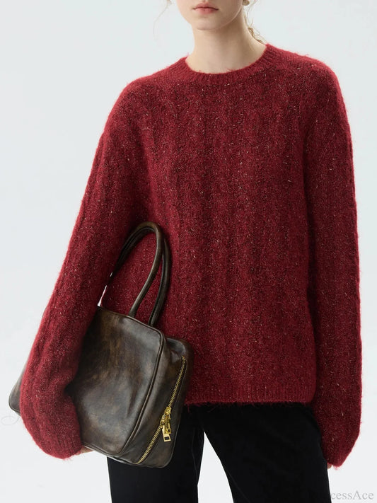New Year’s Red Round Neck Loose Sweater Red / XS