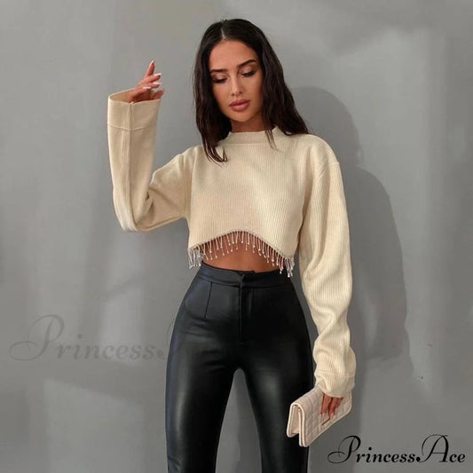 O-Neck - Streetwear Top Casual 2024 Rhinestone Spring Long Women’s Arm Tassel Crop Hem T-Shirt 01