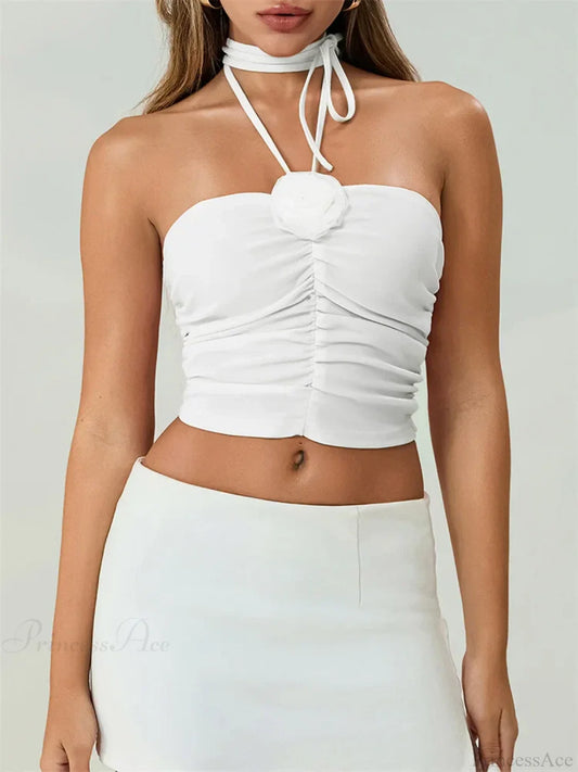 Off Shoulder 3D Flower Ruched Tube Crop Top WHITE / S croptop-250126