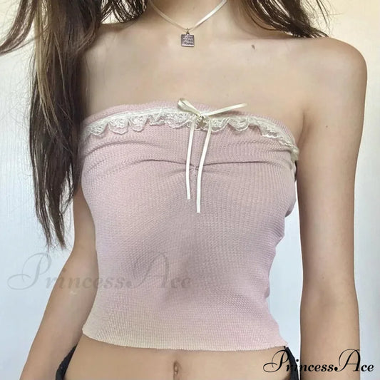 Off Shoulder Crop Kawaii Strapless Casual Pink Tubes Vintage Bow Stitched Sleeveless Vest Women Y2K
