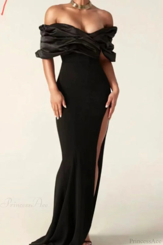 Off Shoulder Ruched Slit Satin Maxi Prom Dress black / S promdress-250223