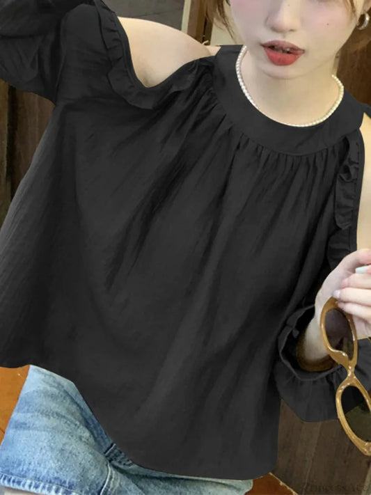 Off-Shoulder Ruffled Solid Blouse Black / S blouse-250126