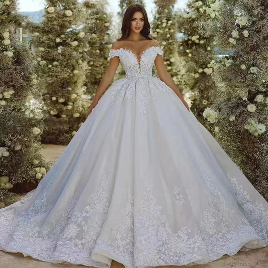 Off-Shoulder Sheer Tulle Bridal Wedding Dress lvory white / 2 weddingdress-250223