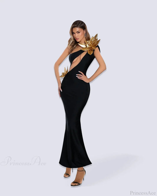 One-Shoulder Hollow Out Bodycon Party Dress Black / Xs Partydress-241208