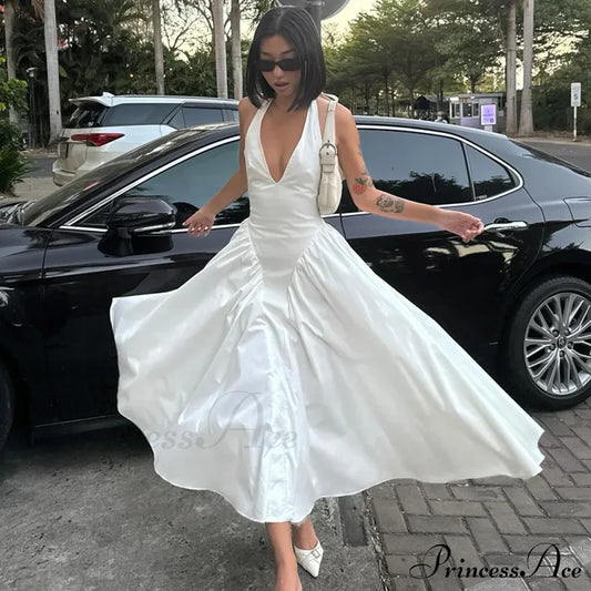 Open Back Halter Deep Graceful V-Neck White Ankle Length Dress