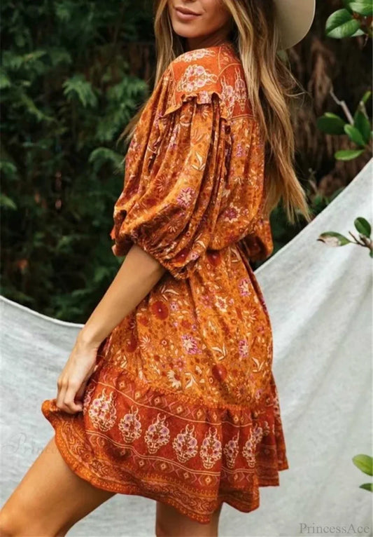 Orange Floral Print Lantern Sleeve Tassel Rayon Mini Boho Dress bohodress-250126