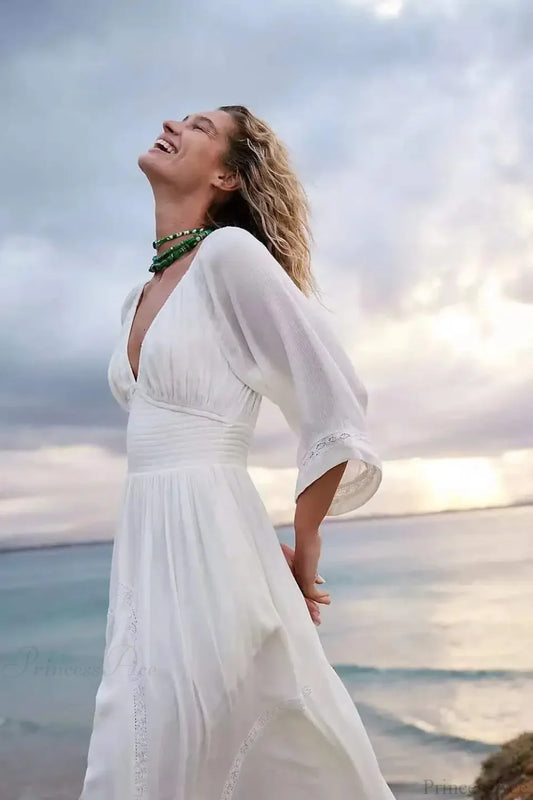 Oversized Backless Deep V Cotton Boho Dress bohodress-250126