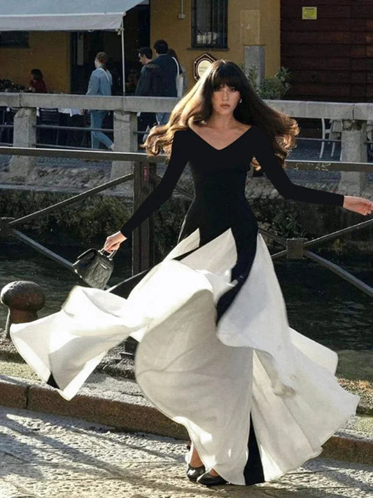 Patchwork Border Long Sleeve Full-Length Dress