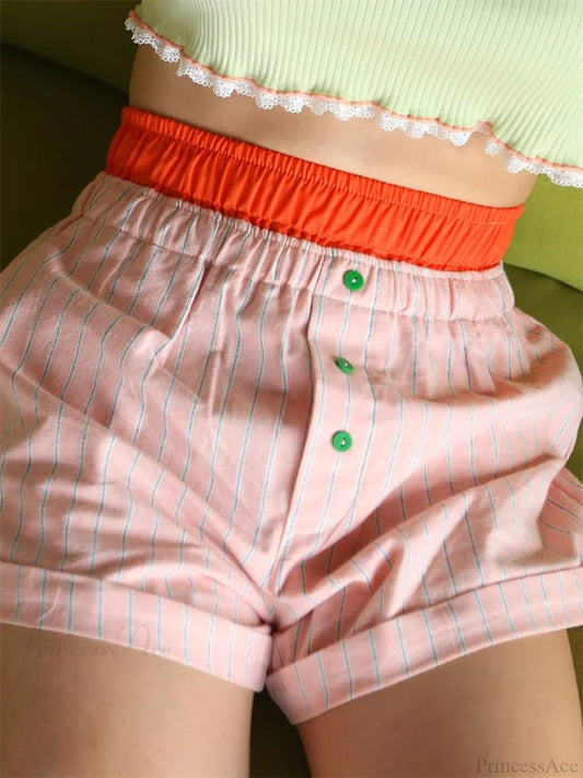 Patchwork Striped Elastic Waist Short pink / S short-250223