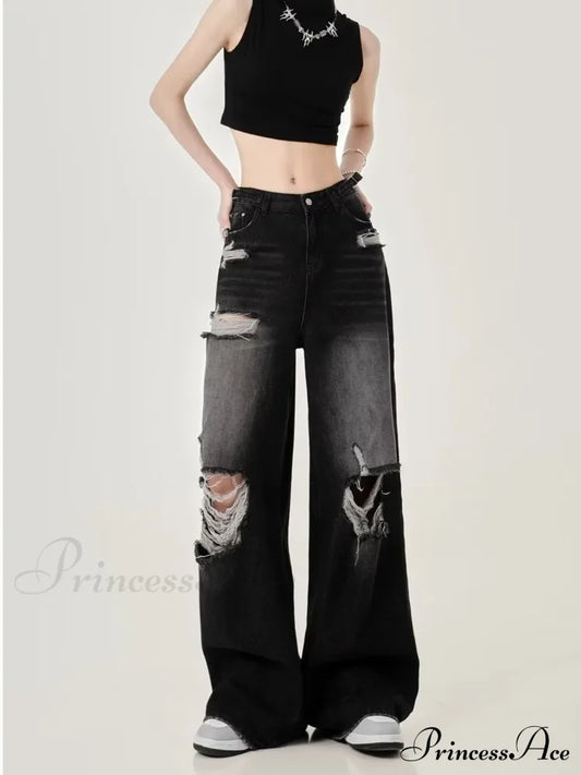 Perforated Women’s Summer New Ins Fashion Brand Straight Tube Loose Sweeping High Street Jean
